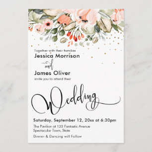 Invitación Elegante caligrafía de bodas floral y de oro