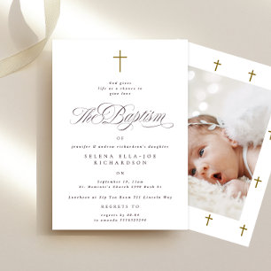 Invitación Elegante caligrafía de cruz de madera foto bautism