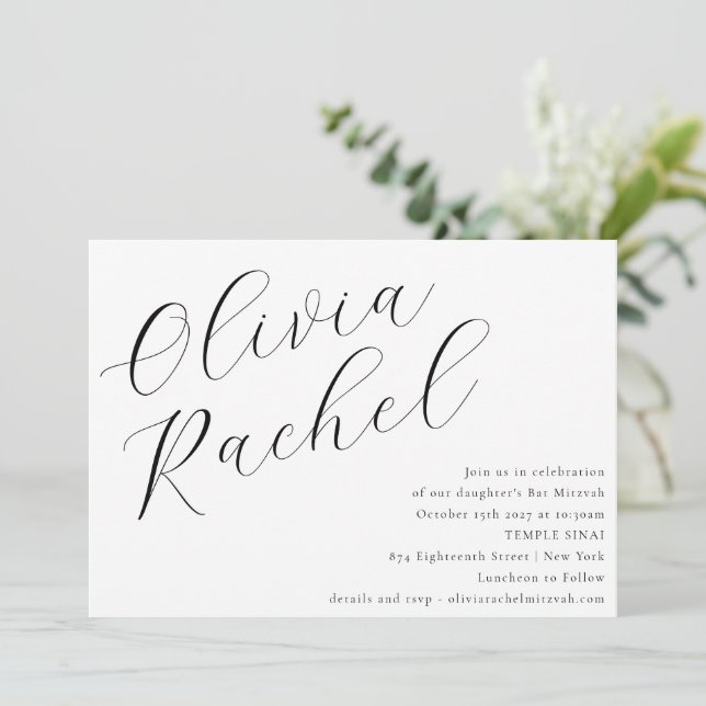 Invitación Elegante caligrafía de escritura blanca Bat Mitzva (Anverso de pie)