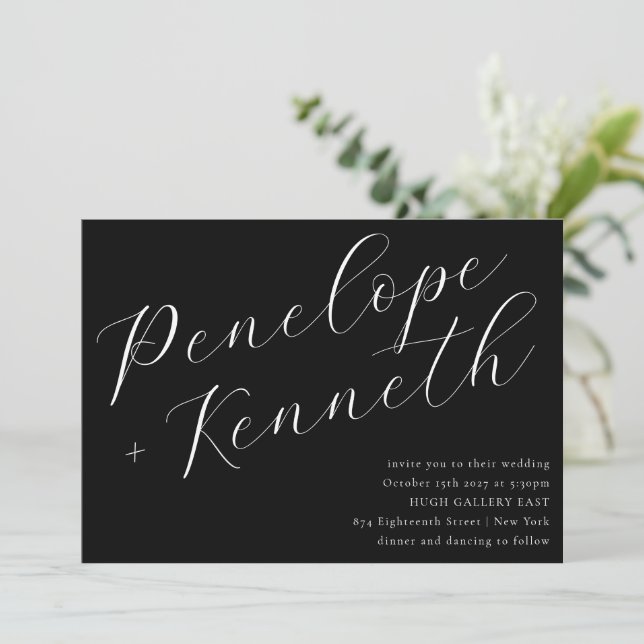 Invitación Elegante caligrafía de escritura Boda elegante neg (Anverso de pie)