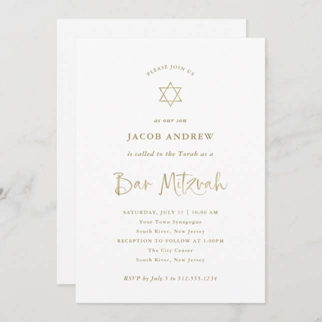 Invitación Elegante caligrafía de Faux Gold | Bar Mitzvah (Anverso / Reverso)