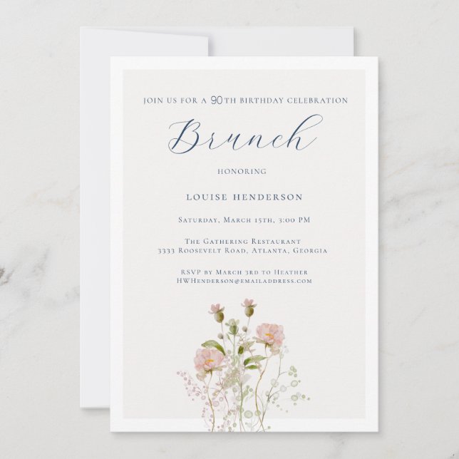 Invitación Elegante caligrafía de flor silvestre 90 cumpleaño (Anverso)