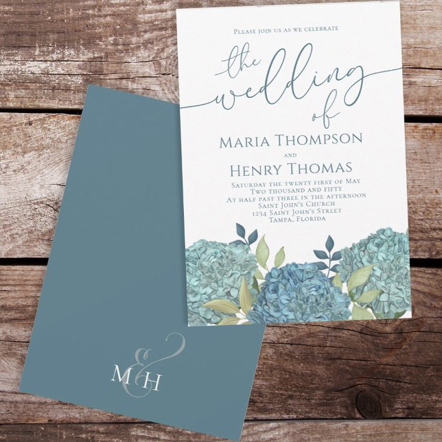 Invitación Elegante caligrafía de follaje azul floral Hydrang (Subido por el creador)