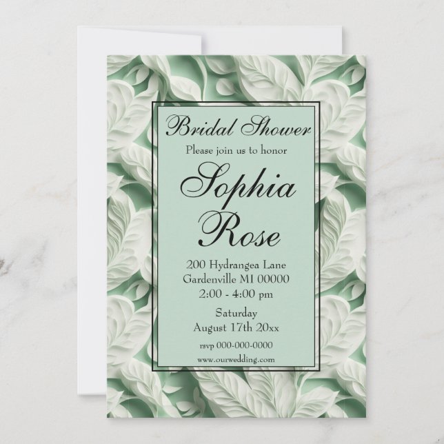 Invitación Elegante caligrafía de hoja verde blanca vintage (Anverso)