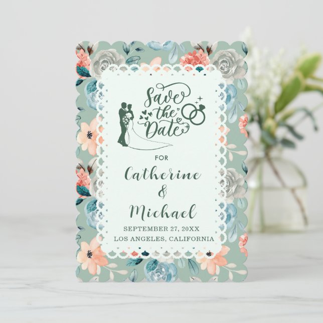 Invitación Elegante caligrafía de matrimonio Sage Green Flora (Anverso de pie)