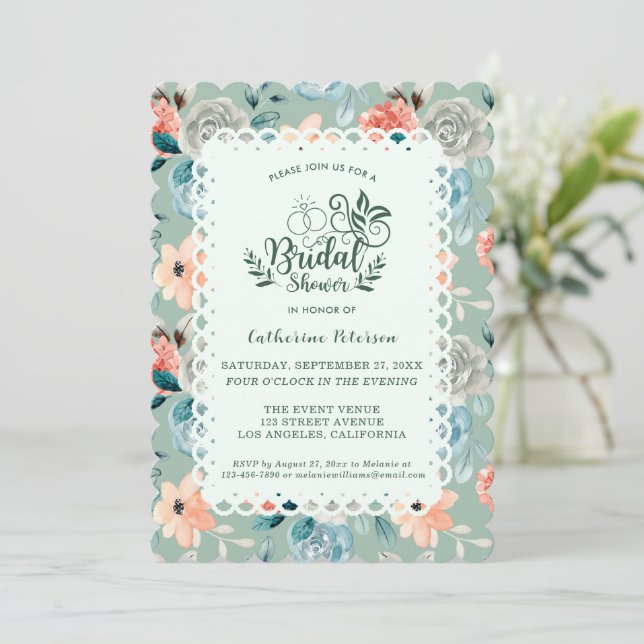 Invitación Elegante caligrafía de matrimonio Sage Green Flora (Anverso de pie)