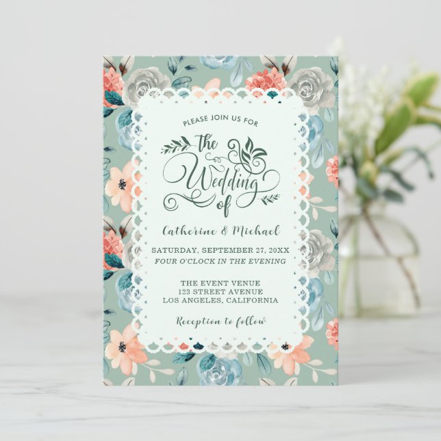 Invitación Elegante caligrafía de matrimonio Sage Green Flora (Anverso de pie)