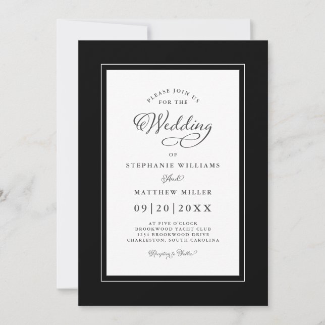 Invitación Elegante caligrafía de Moda Boda blanco y negro (Anverso)