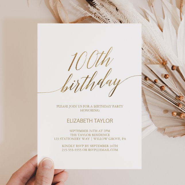 Invitación Elegante caligrafía de oro 100 cumpleaños (Subido por el creador)