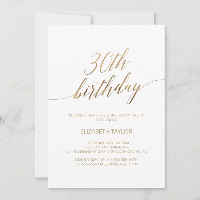 Invitación Elegante caligrafía de oro 30 cumpleaños (Anverso)