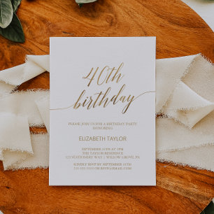 Invitación Elegante caligrafía de oro 40 cumpleaños