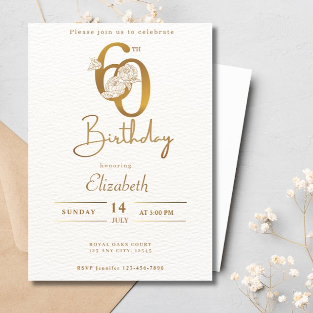 Invitación Elegante caligrafía de oro 60 aniversario floral (Subido por el creador)