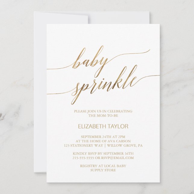 Invitación Elegante caligrafía de oro Baby Sprinkle (Anverso)