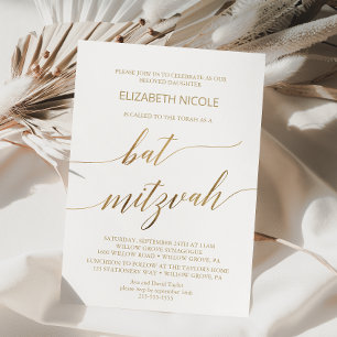 Invitación Elegante caligrafía de oro Bat Mitzvah