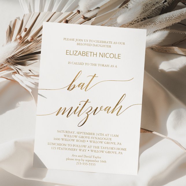 Invitación Elegante caligrafía de oro Bat Mitzvah (Subido por el creador)