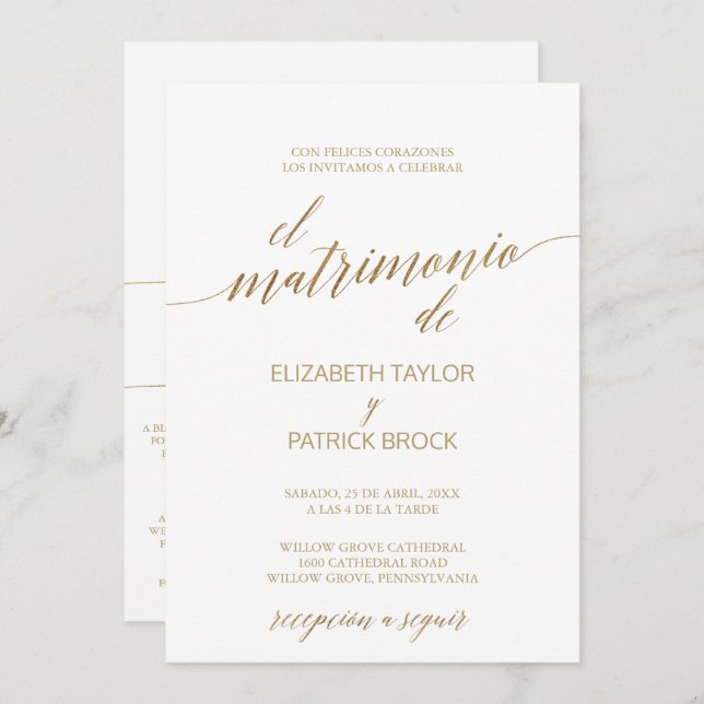 Invitación Elegante caligrafía de oro | Boda de detalles en e (Anverso / Reverso)