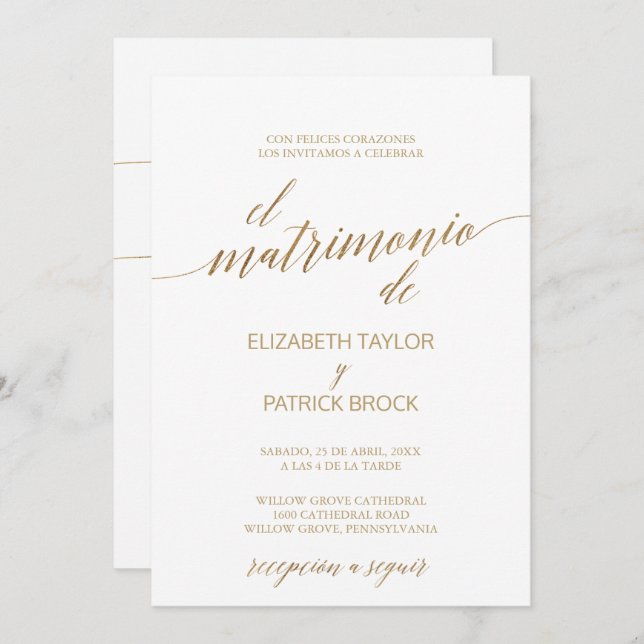 Invitación Elegante caligrafía de oro | Boda de detalles en e (Anverso / Reverso)
