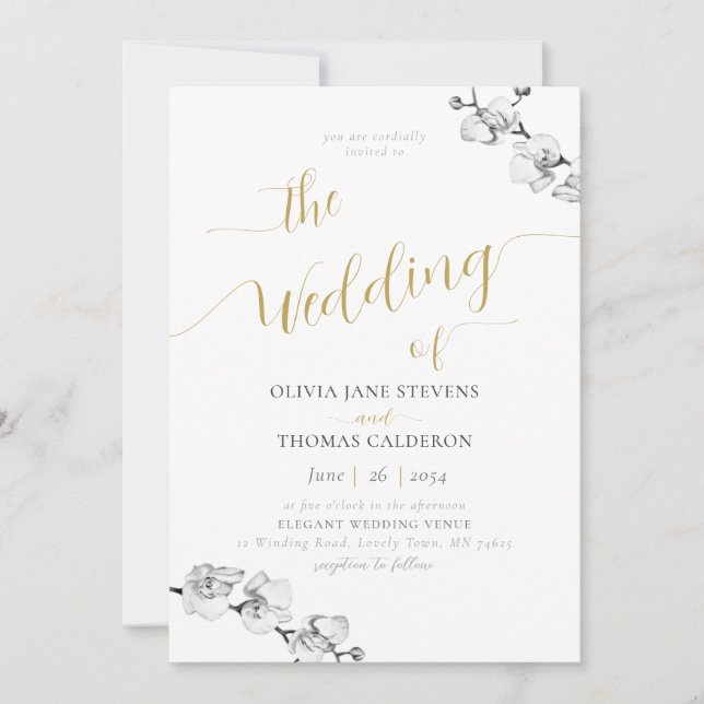 Invitación Elegante caligrafía de oro Boda de orquídeas blanc (Anverso)