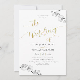 Invitación Elegante caligrafía de oro Boda de orquídeas blanc