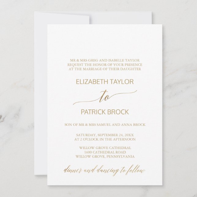 Invitación Elegante caligrafía de oro Boda formal (Anverso)