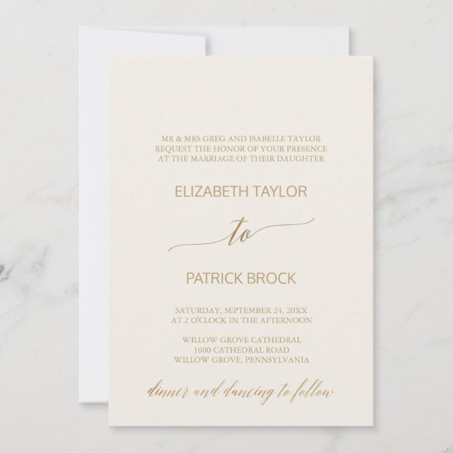 Invitación Elegante caligrafía de oro | Boda formal de marfil (Anverso)