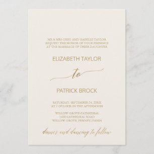 Invitación Elegante caligrafía de oro   Boda formal de marfil