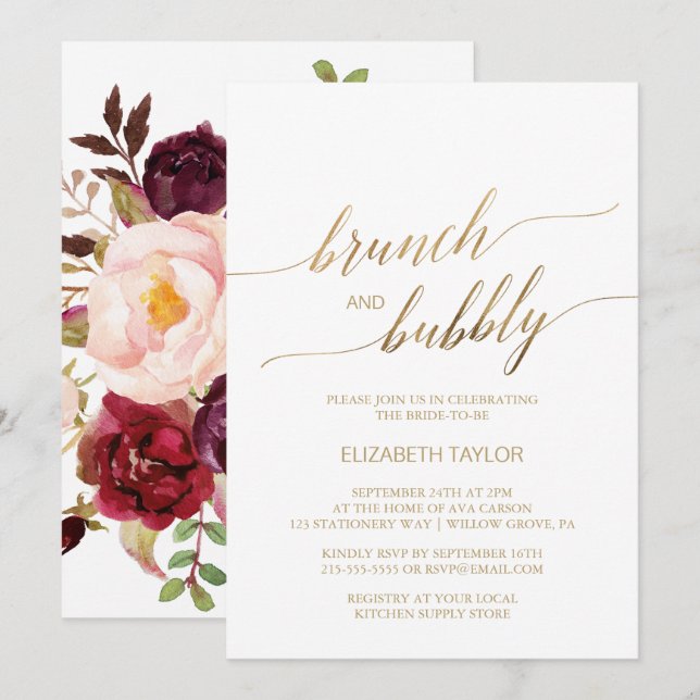 Invitación Elegante caligrafía de oro | Brunch floral y burbu (Anverso / Reverso)