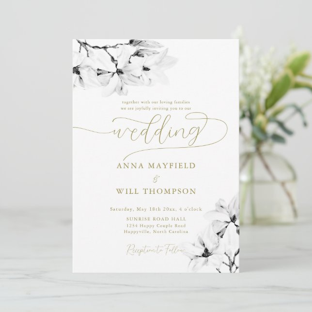 Invitación Elegante caligrafía de oro Clásico Magnolia Boda (Anverso de pie)