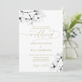 Invitación Elegante caligrafía de oro Clásico Magnolia Boda