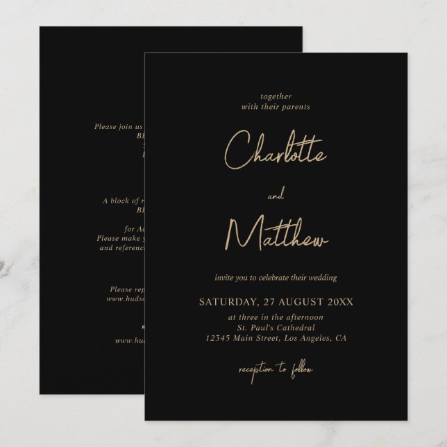 Invitación Elegante caligrafía de oro detalles del Boda trase (Anverso / Reverso)