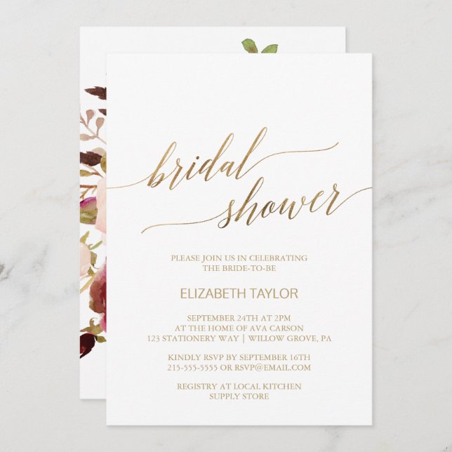 Invitación Elegante caligrafía de oro | Ducha nupcial floral (Anverso / Reverso)