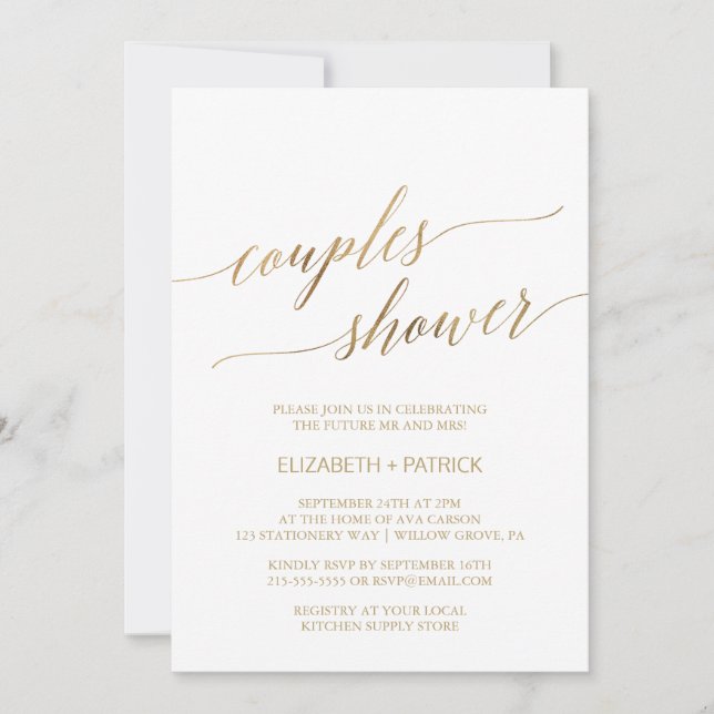 Invitación Elegante Caligrafía de Oro Ducha Parejas de Ducha (Anverso)