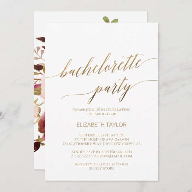 Invitación Elegante caligrafía de oro | Floral Bachelorette (Anverso / Reverso)