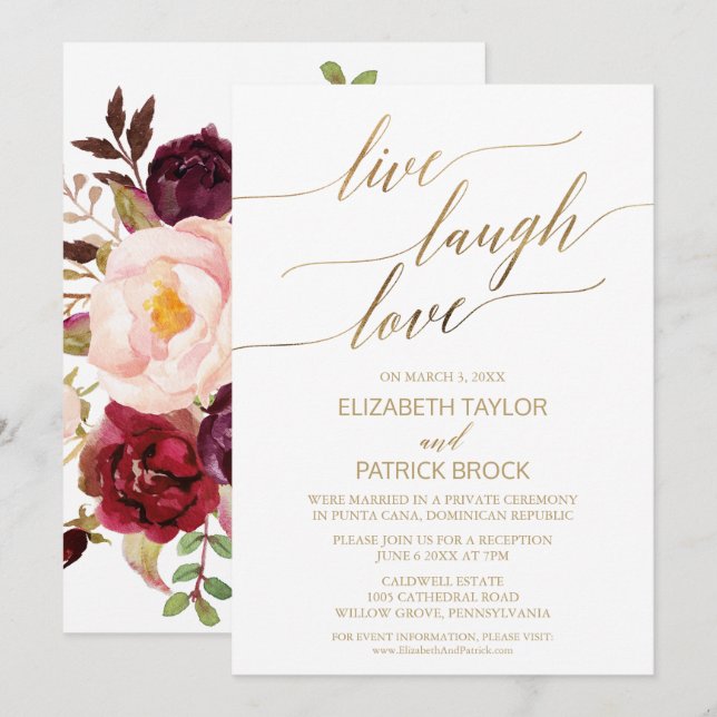 Invitación Elegante caligrafía de oro | Floral Live Lauder Lo (Anverso / Reverso)