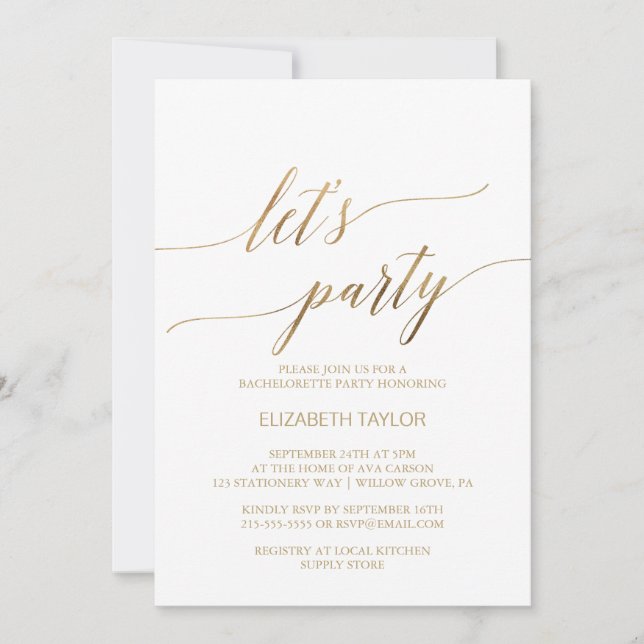 Invitación Elegante caligrafía de oro Hagamos Fiesta (Anverso)