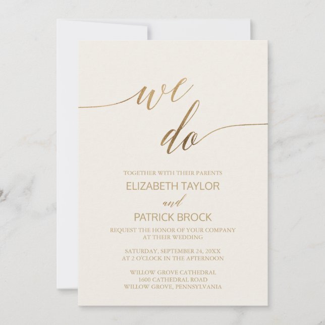 Invitación Elegante caligrafía de oro | Ivory We Do Boda (Anverso)
