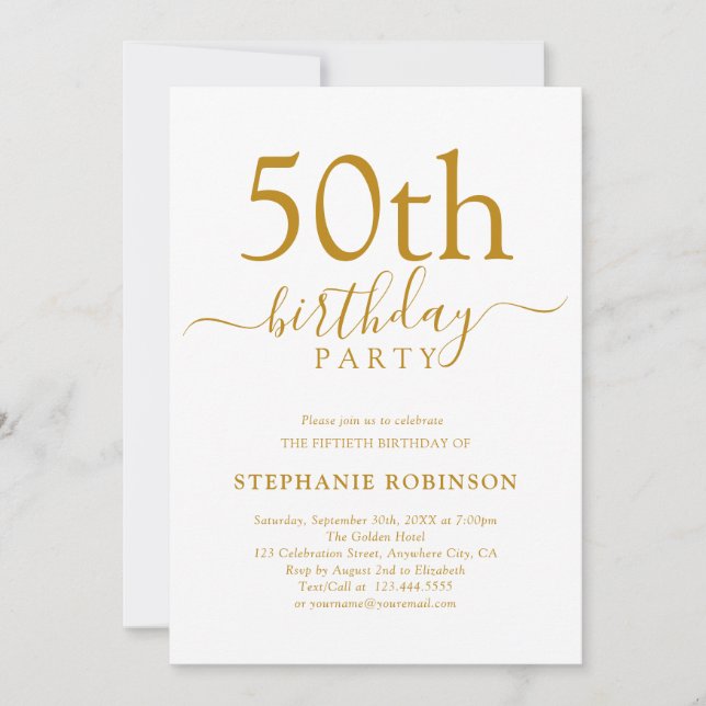 Invitación Elegante caligrafía de oro moderno 50 cumpleaños (Anverso)