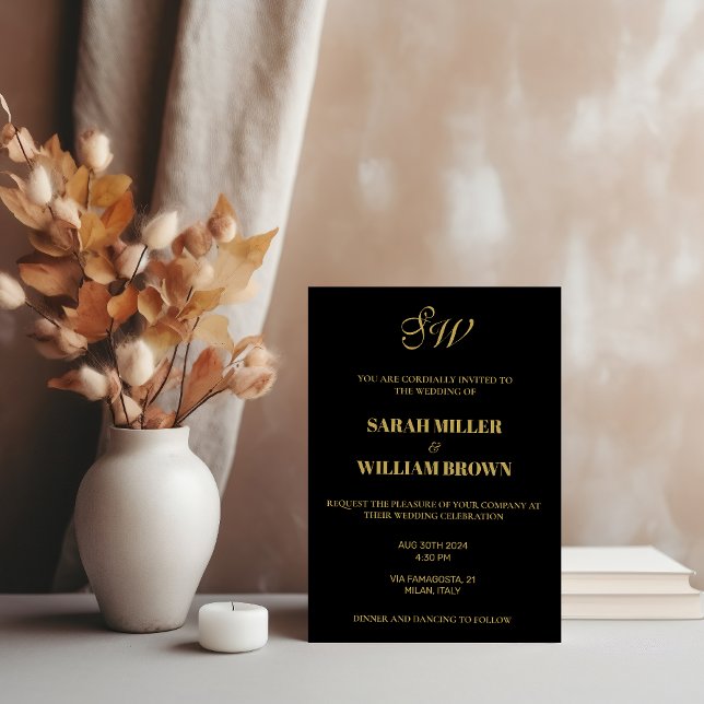 Invitación Elegante caligrafía de oro negro Boda monograma I (Subido por el creador)