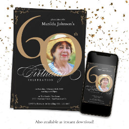 Invitación Elegante caligrafía de oro negro foto 60 cumpleaño