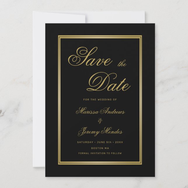 Invitación Elegante caligrafía de oro negro salva la fecha (Anverso)
