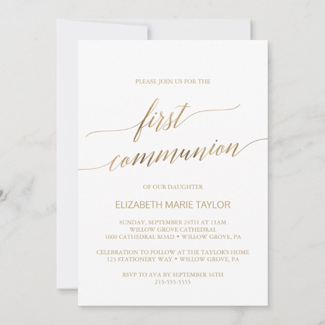 Invitación Elegante caligrafía de oro Primera Comunión (Anverso)