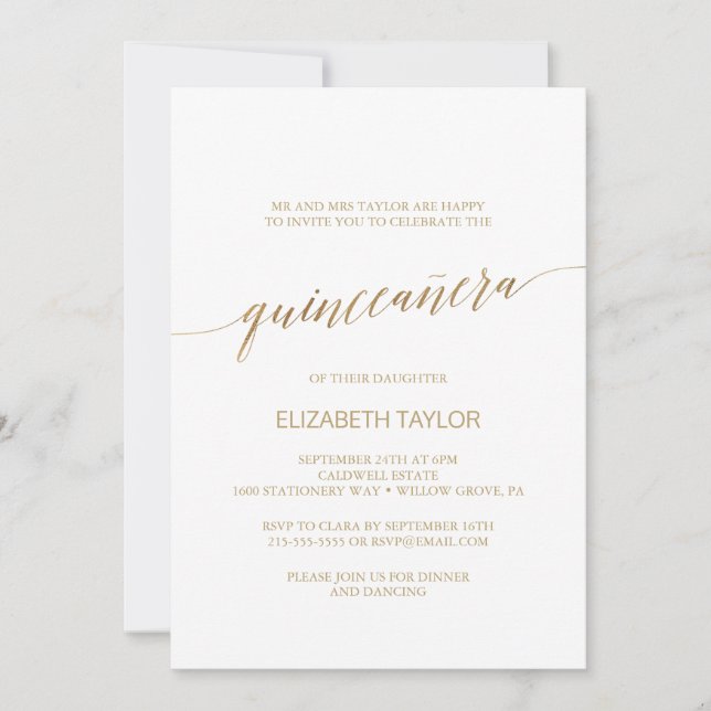 Invitación Elegante caligrafía de oro Quinceañera (Anverso)