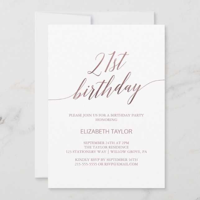 Invitación Elegante caligrafía de oro Rosa 21 cumpleaños (Anverso)