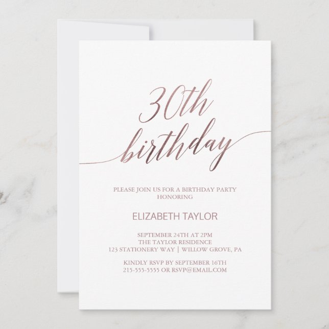 Invitación Elegante caligrafía de oro Rosa 30 cumpleaños (Anverso)