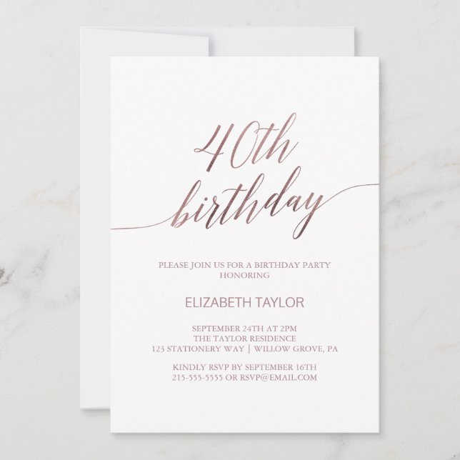 Invitación Elegante caligrafía de oro Rosa 40 cumpleaños (Anverso)