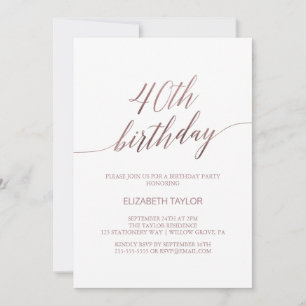 Invitación Elegante caligrafía de oro Rosa 40 cumpleaños