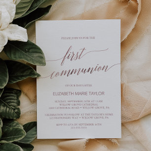 Invitación Elegante caligrafía de oro Rosa Primera Comunión