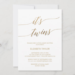 Invitación Elegante caligrafía de oro son gemelos Baby Shower