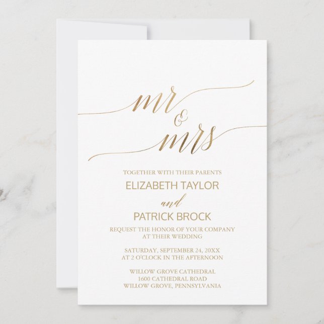 Invitación Elegante caligrafía de oro Sr. y Sra. Boda (Anverso)