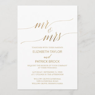 Invitación Elegante caligrafía de oro Sr. y Sra. Boda